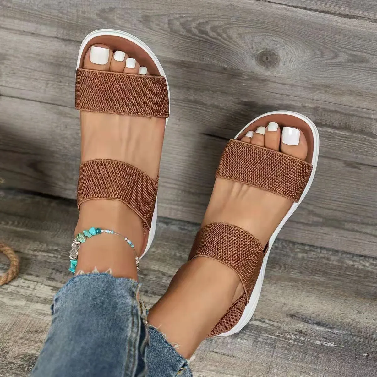 2024 summer leisure elastic band with flying polyurethane flat female sandals