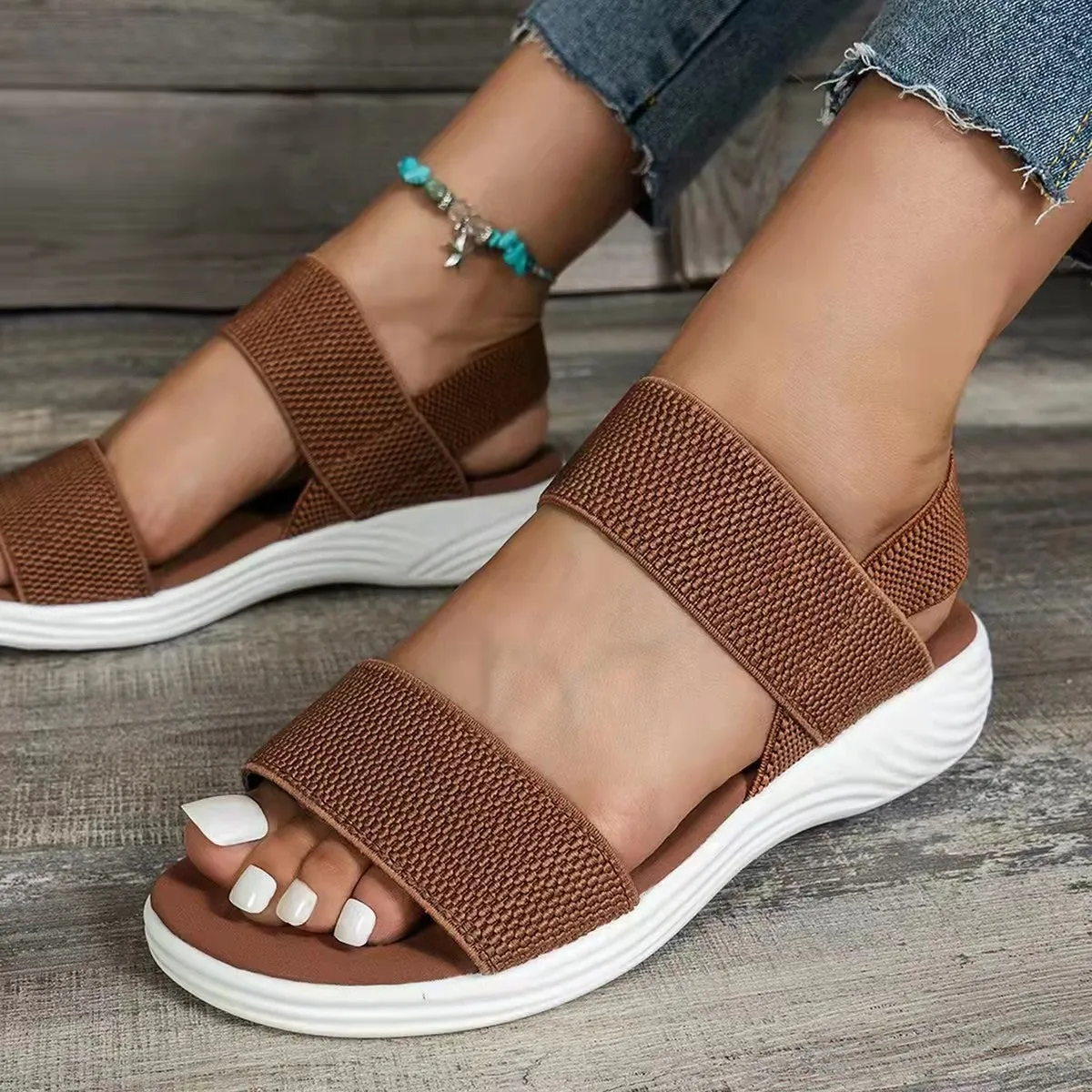 2024 summer leisure elastic band with flying polyurethane flat female sandals