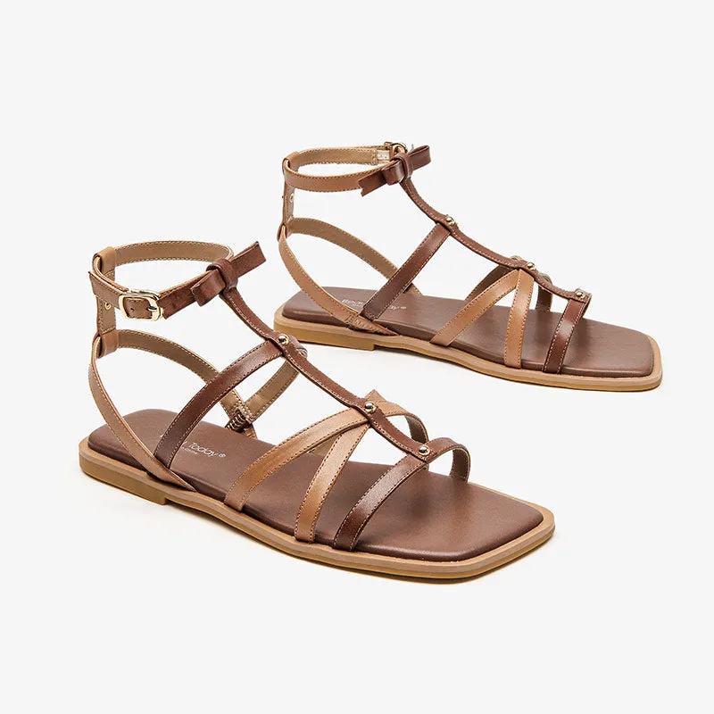 BeauToday Leather Beach Gladiator Sandals Flat for Women