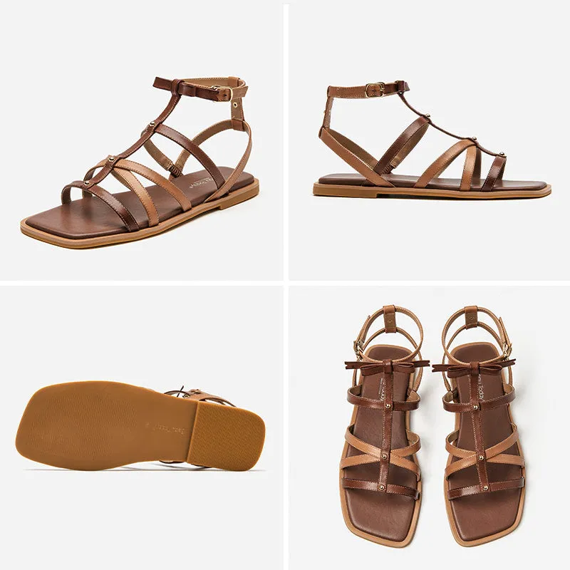 BeauToday Leather Beach Gladiator Sandals Flat for Women