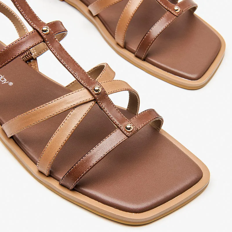 BeauToday Leather Beach Gladiator Sandals Flat for Women