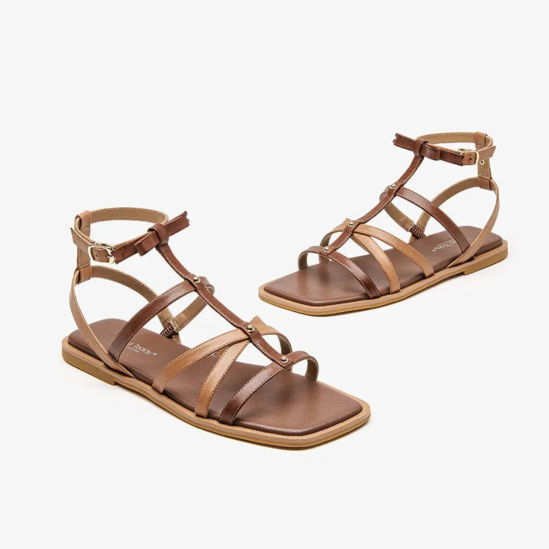 BeauToday Leather Beach Gladiator Sandals Flat for Women