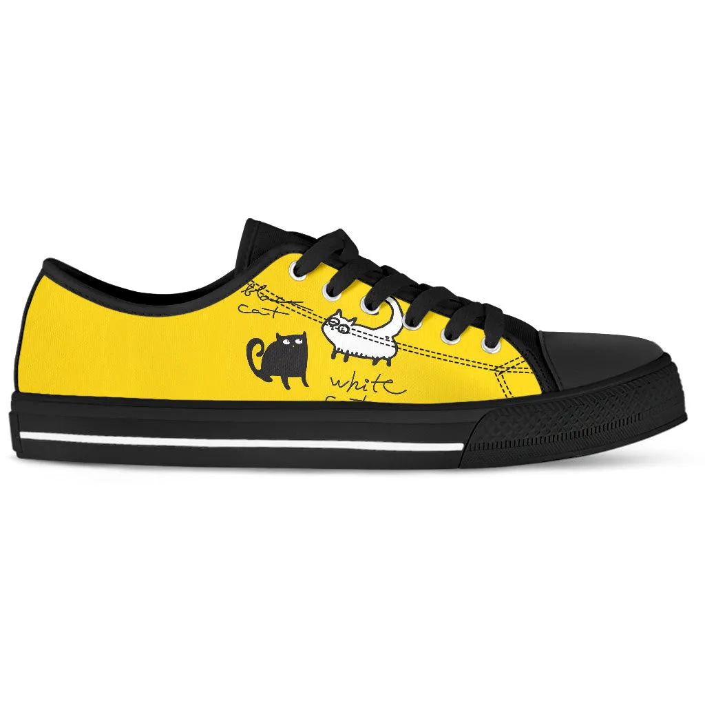 Black Cat, White Cat, Yellow Women's Low Top Sneakers