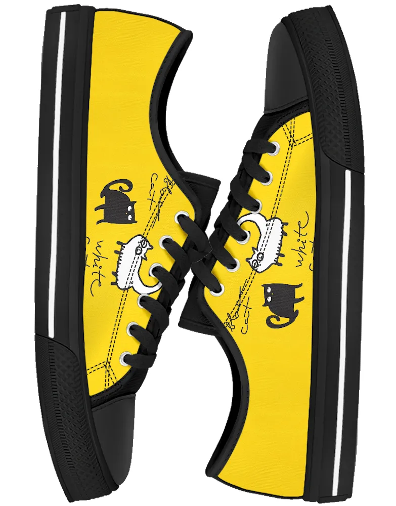 Black Cat, White Cat, Yellow Women's Low Top Sneakers