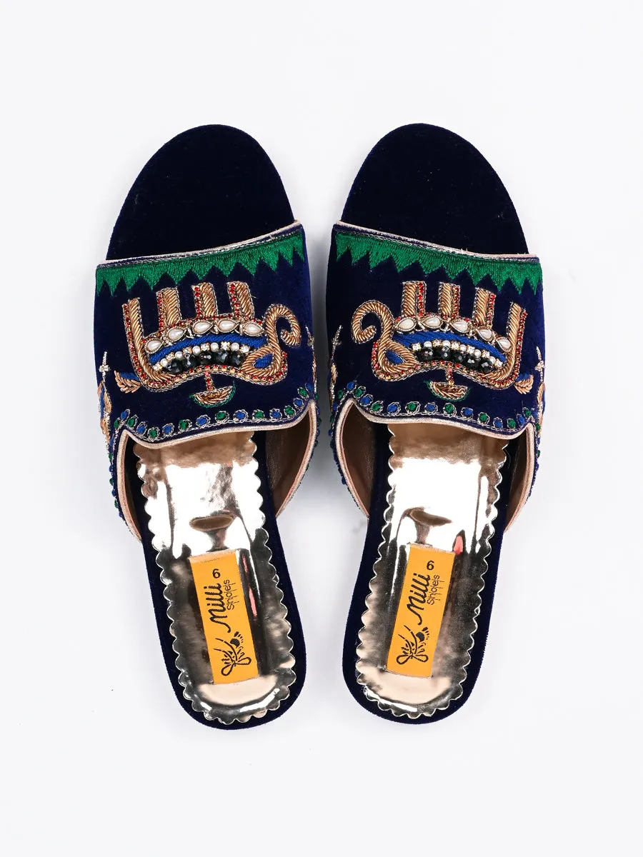 Blue Fancy Velvet Ladies Slipper