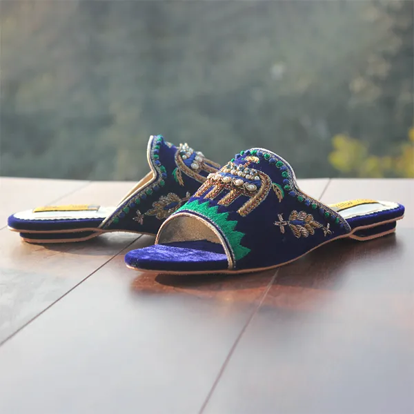 Blue Fancy Velvet Ladies Slipper