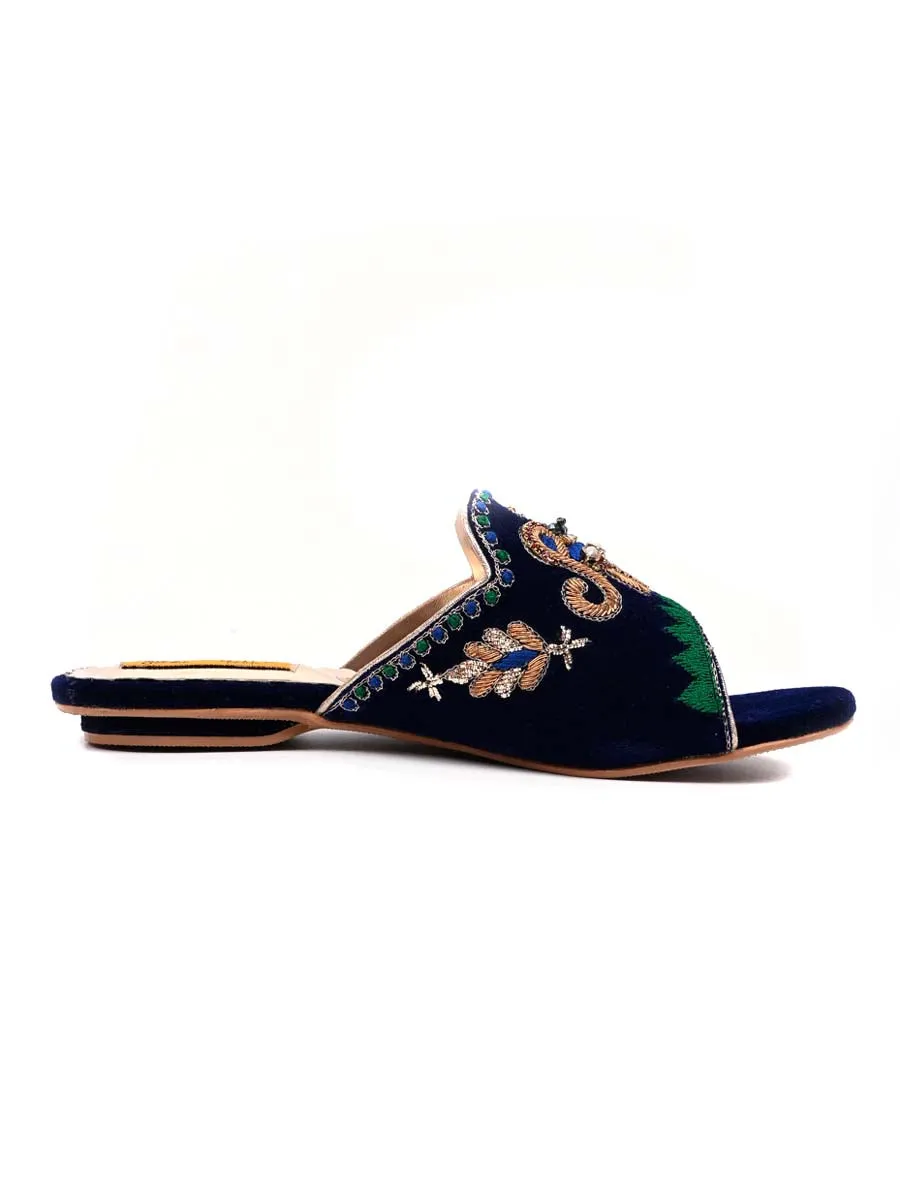 Blue Fancy Velvet Ladies Slipper