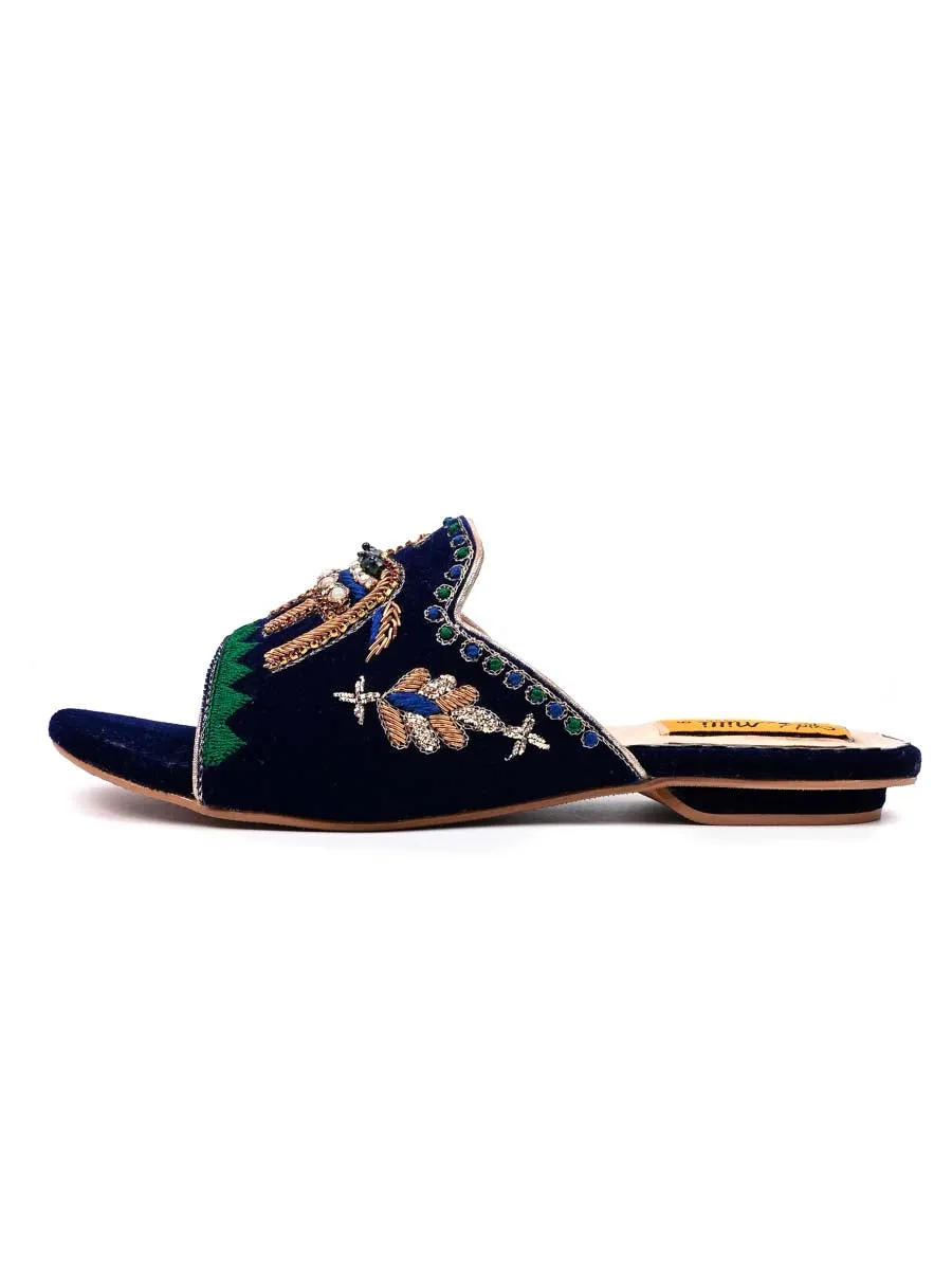 Blue Fancy Velvet Ladies Slipper