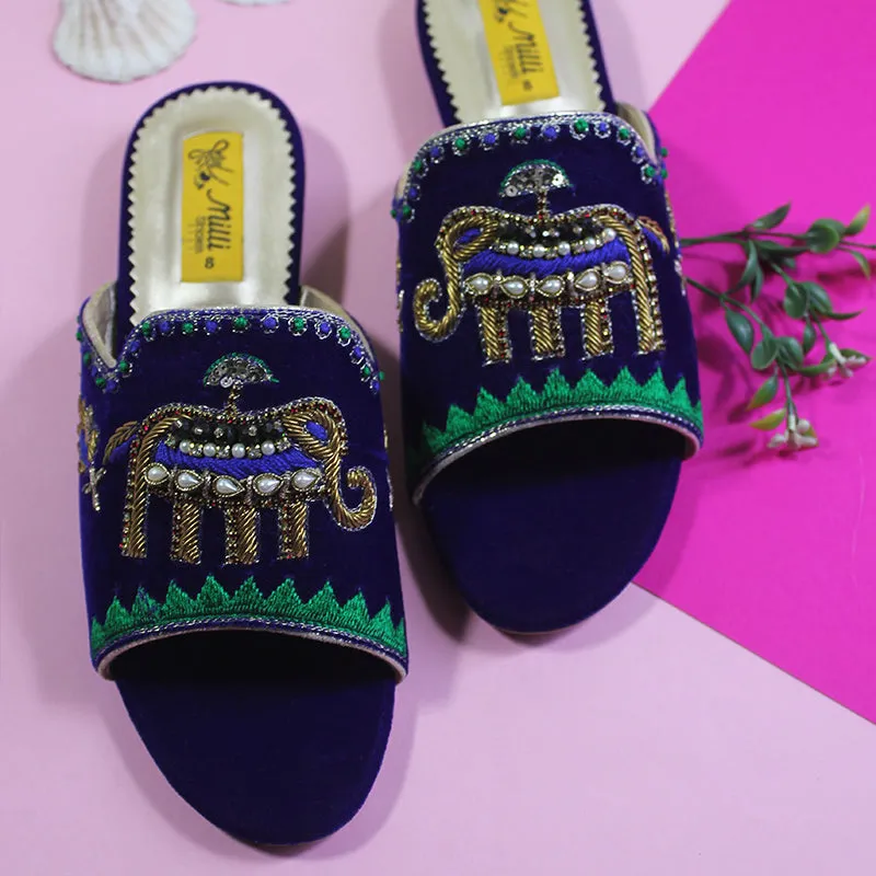 Blue Fancy Velvet Ladies Slipper