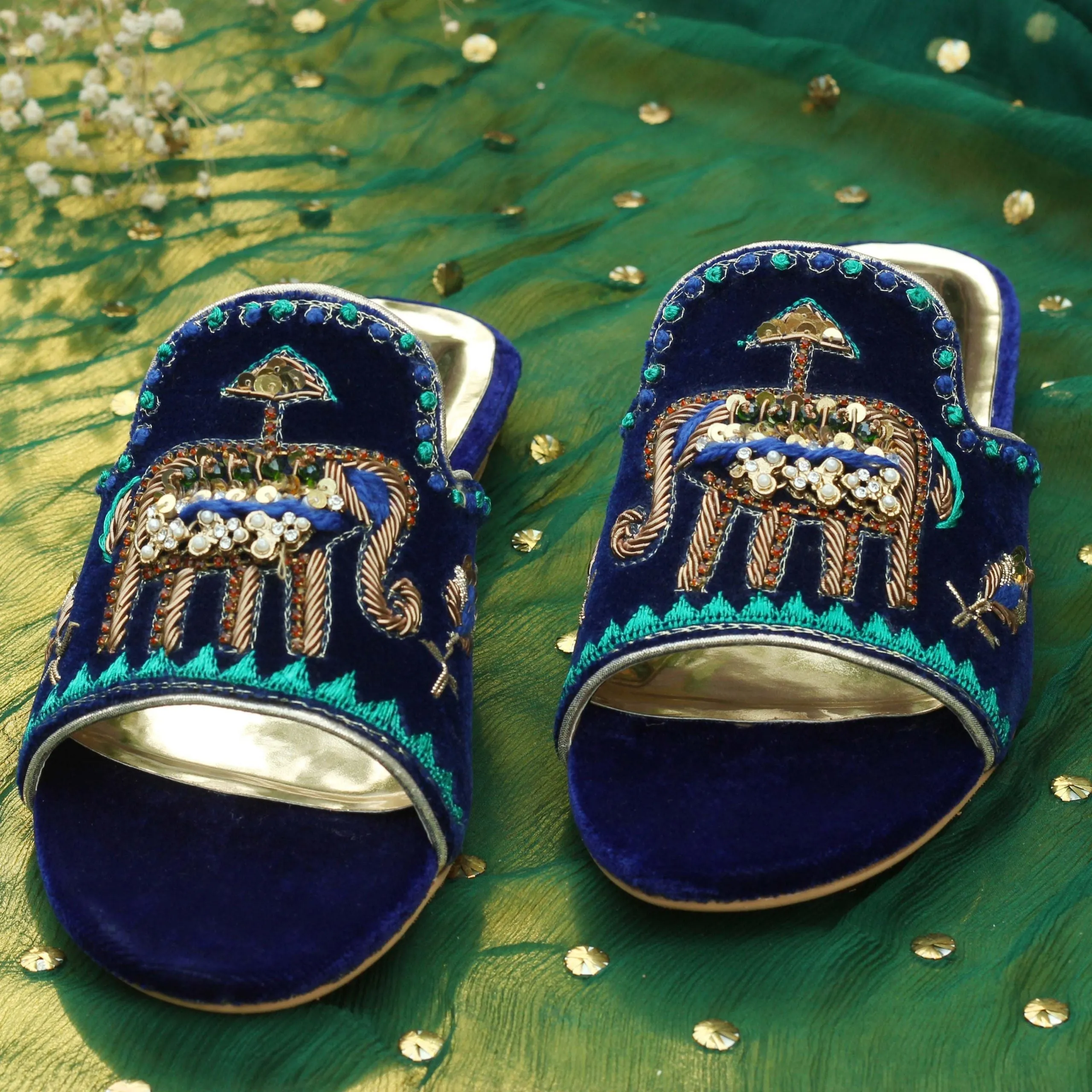 Blue Fancy Velvet Ladies Slipper