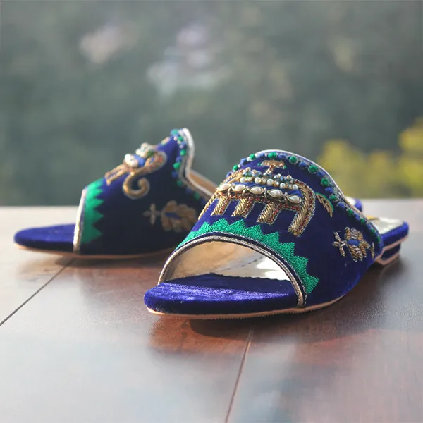 Blue Fancy Velvet Ladies Slipper