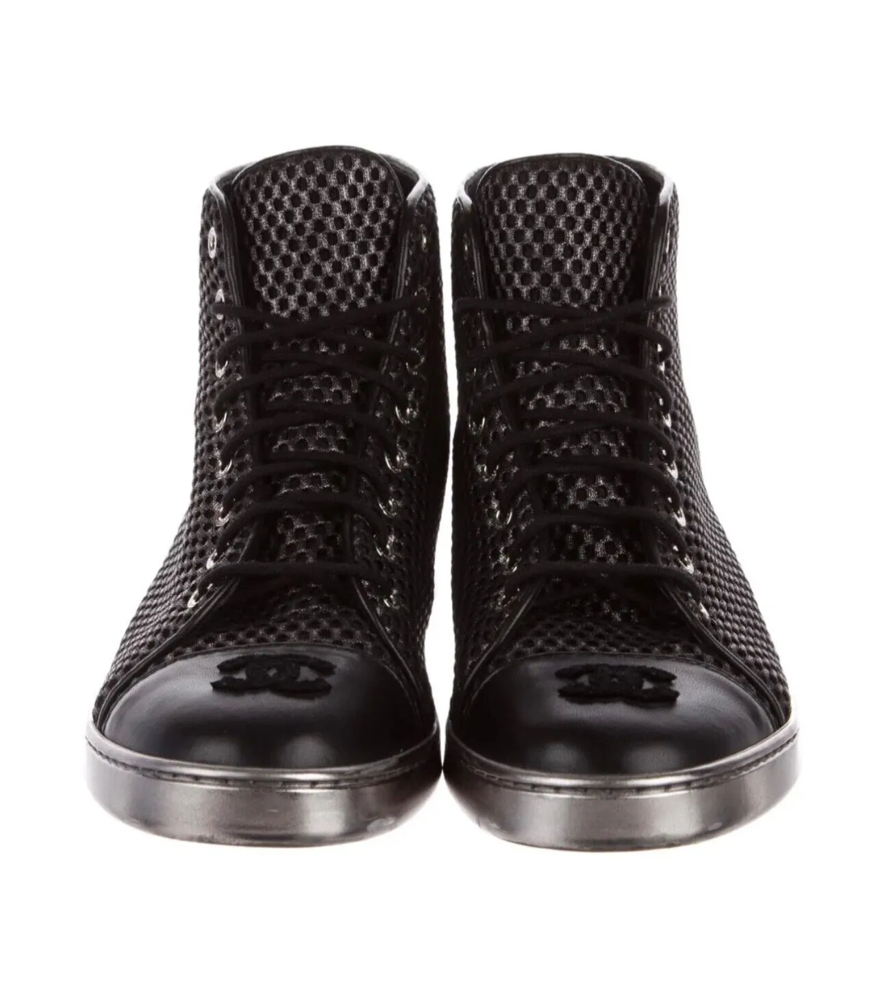 CHANEL CC METALLIC MESH LAMBSKIN HIGH-TOP SNEAKERS