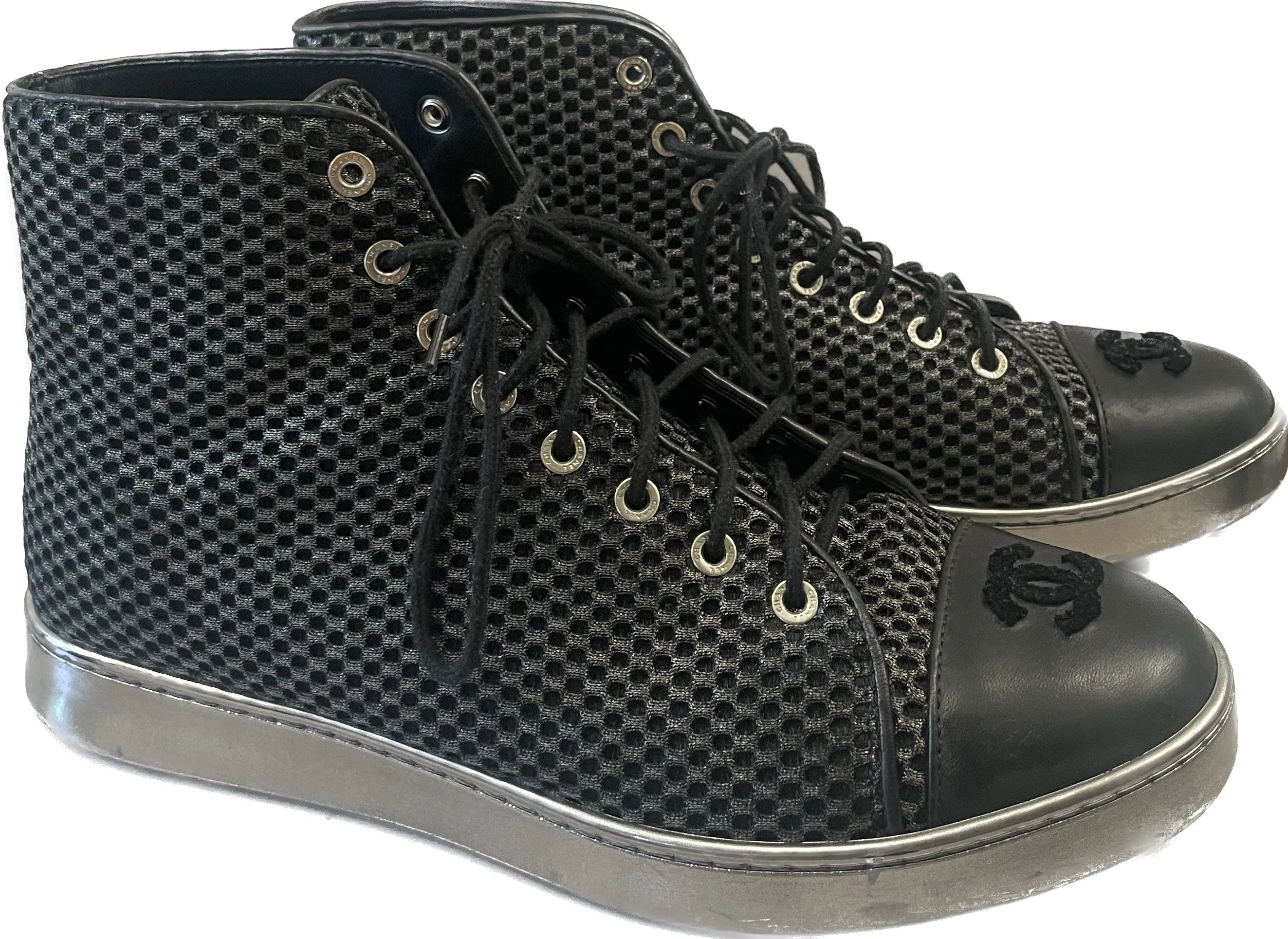 CHANEL CC METALLIC MESH LAMBSKIN HIGH-TOP SNEAKERS
