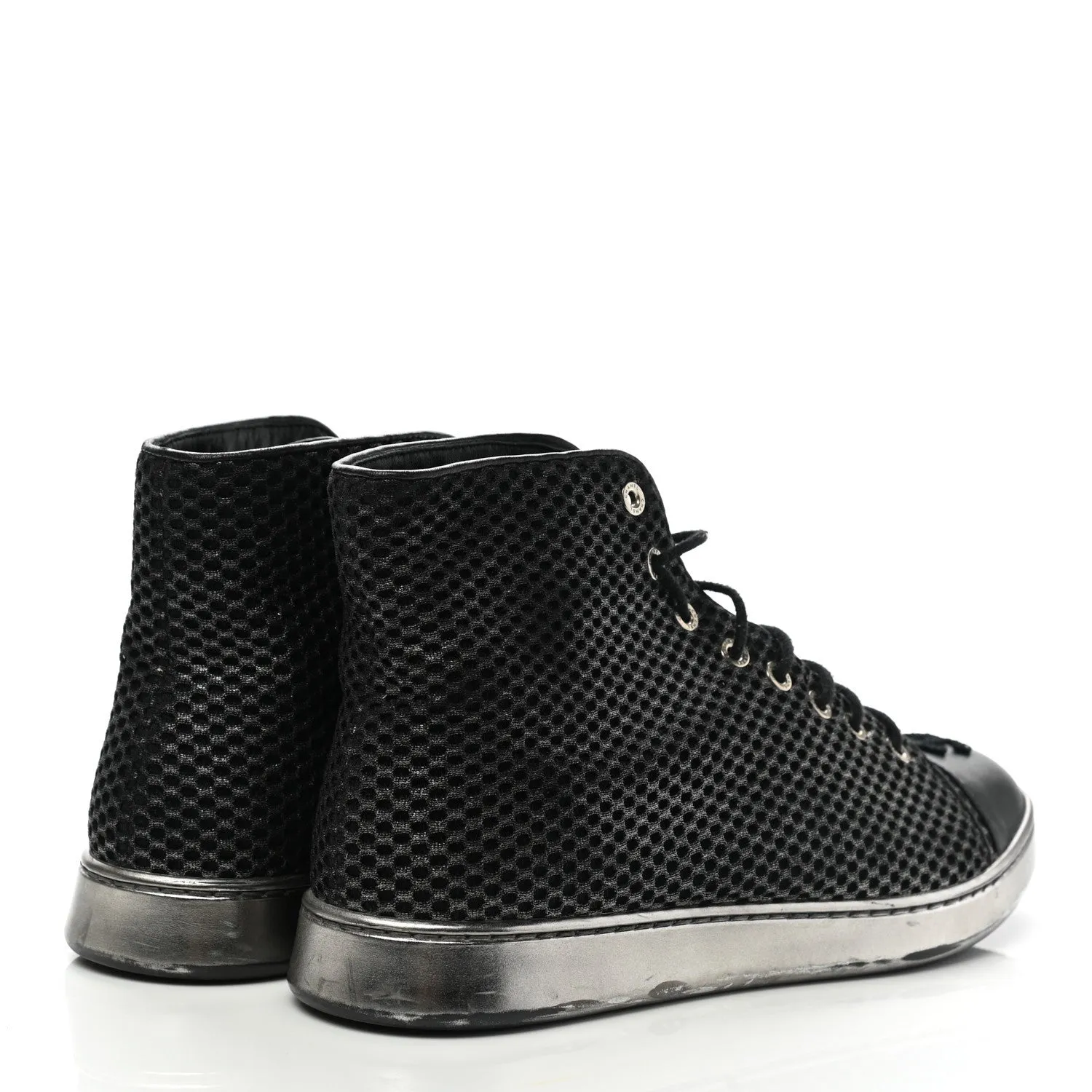CHANEL CC METALLIC MESH LAMBSKIN HIGH-TOP SNEAKERS