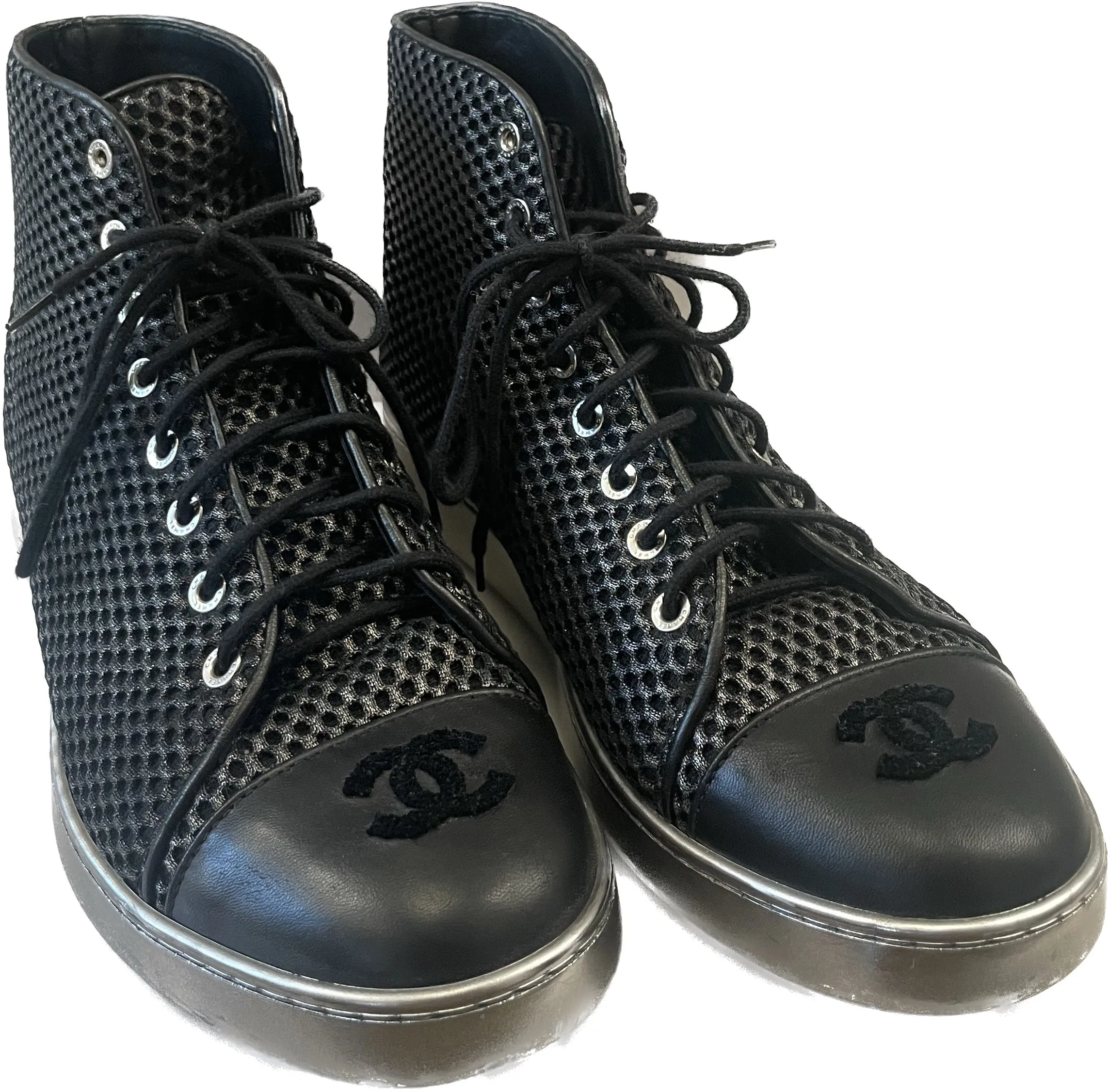 CHANEL CC METALLIC MESH LAMBSKIN HIGH-TOP SNEAKERS
