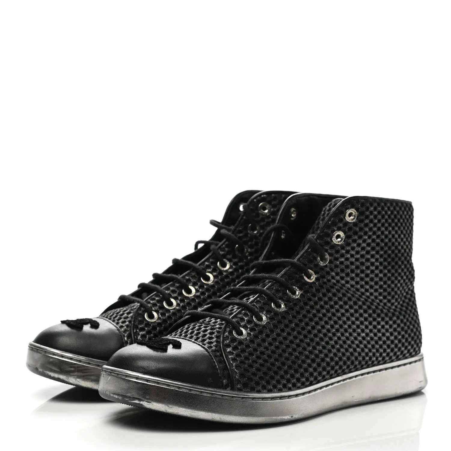 CHANEL CC METALLIC MESH LAMBSKIN HIGH-TOP SNEAKERS