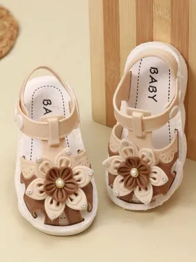 Elegant Beige Floral Sandals with Pearl Accents For Girls