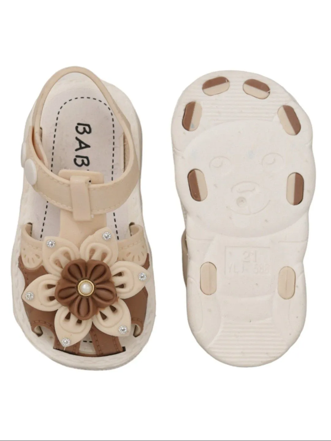 Elegant Beige Floral Sandals with Pearl Accents For Girls