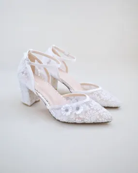 Flower Embellished Lace Block Heels Wedding Shoes