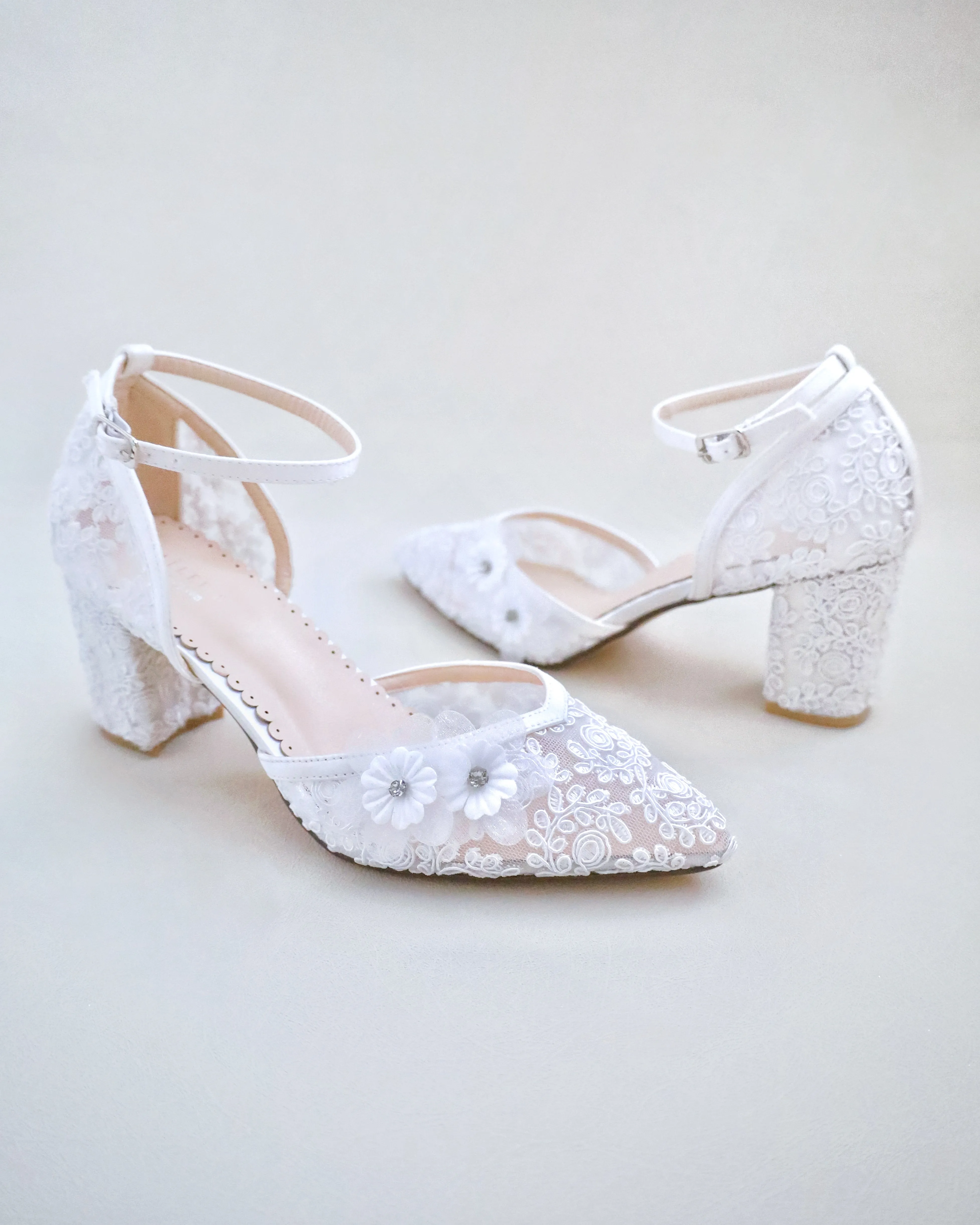 Flower Embellished Lace Block Heels Wedding Shoes