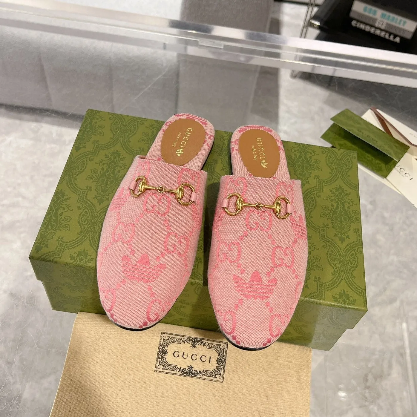 GG & ADIDAS MULE HORSEBIT BUCKLE LIGHT PINK CANVAS