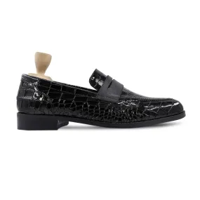 Handmade Custom Black Crocodile Pattern Leather Mens Loafers