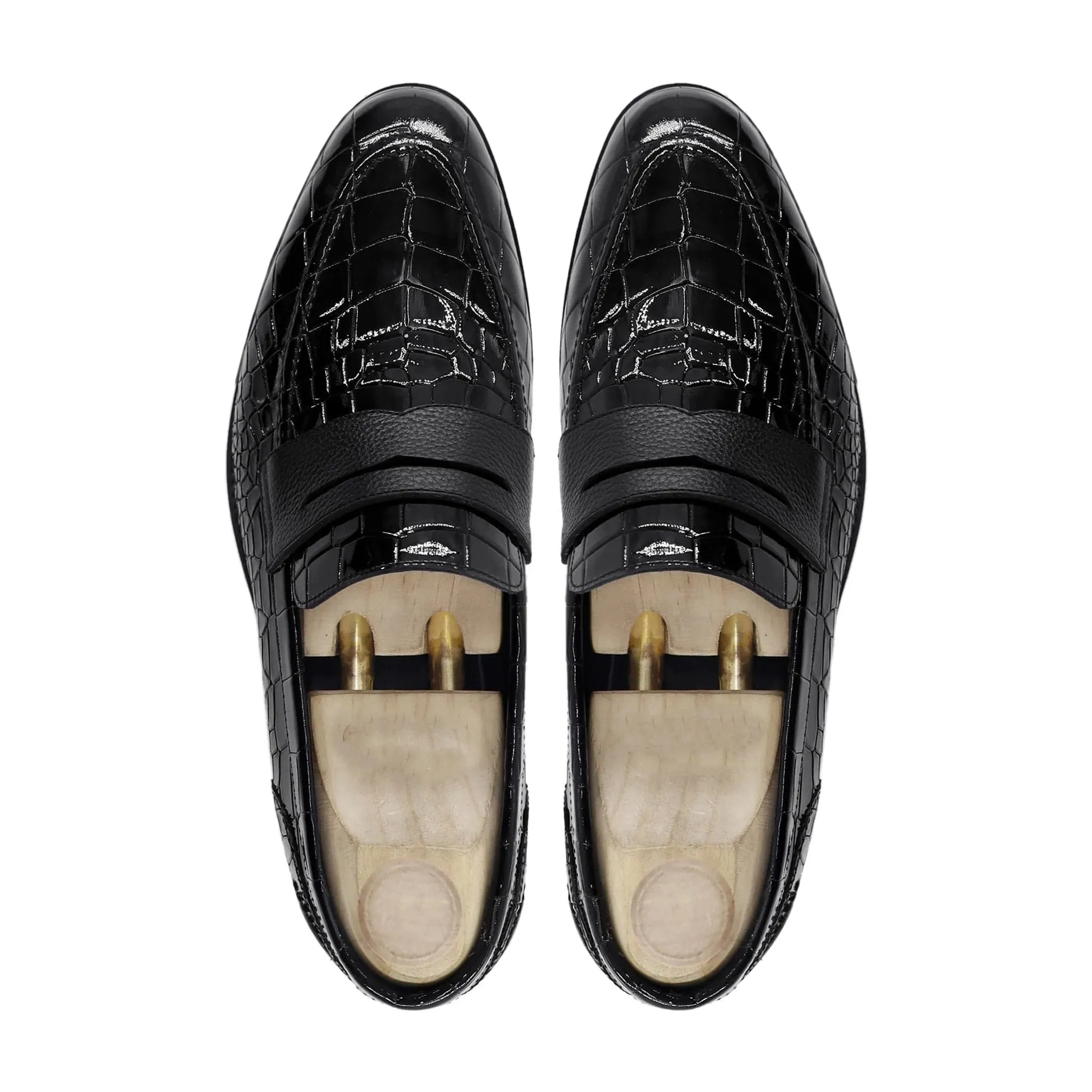 Handmade Custom Black Crocodile Pattern Leather Mens Loafers