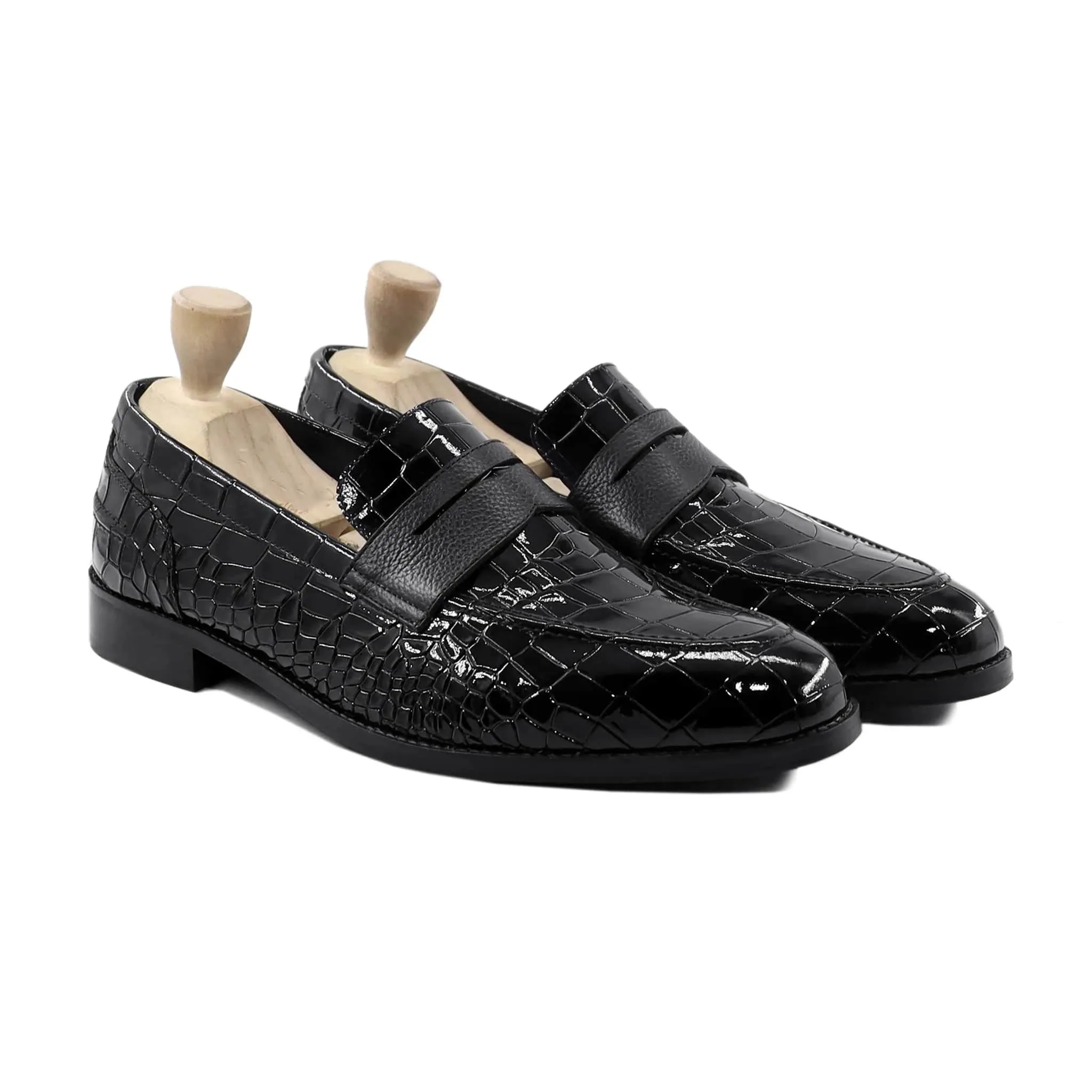 Handmade Custom Black Crocodile Pattern Leather Mens Loafers
