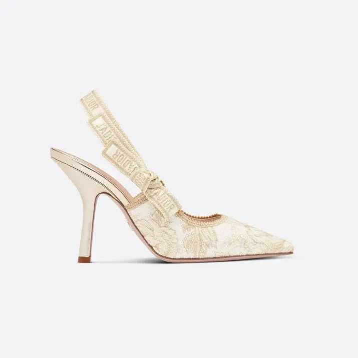 J'Adior Slingback Pump White And Gold-Tone Cotton Embroidered Heels
