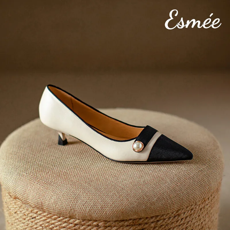 Leather High Heels with Pearl Design and Black Toe Cap