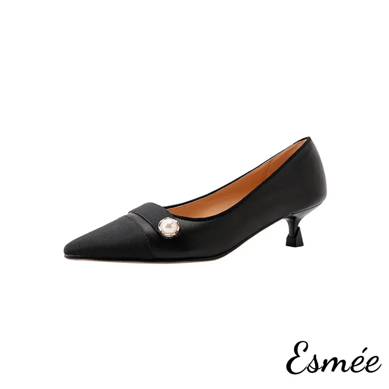 Leather High Heels with Pearl Design and Black Toe Cap
