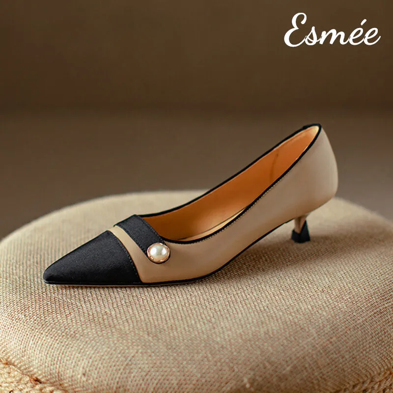 Leather High Heels with Pearl Design and Black Toe Cap