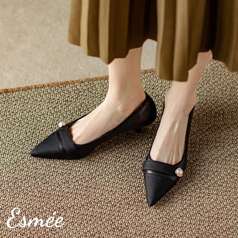 Leather High Heels with Pearl Design and Black Toe Cap