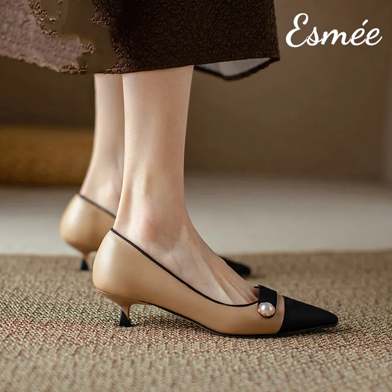 Leather High Heels with Pearl Design and Black Toe Cap