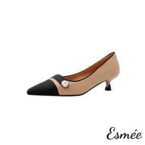 Leather High Heels with Pearl Design and Black Toe Cap