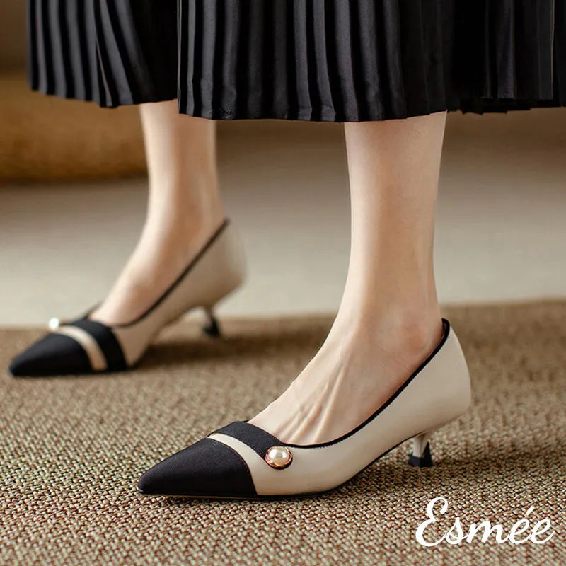 Leather High Heels with Pearl Design and Black Toe Cap