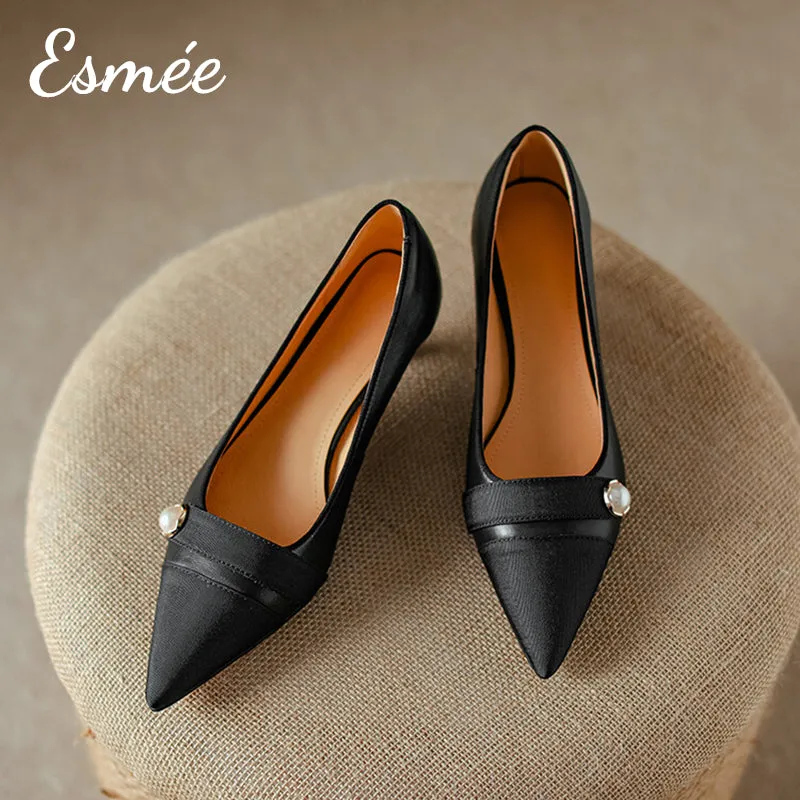 Leather High Heels with Pearl Design and Black Toe Cap