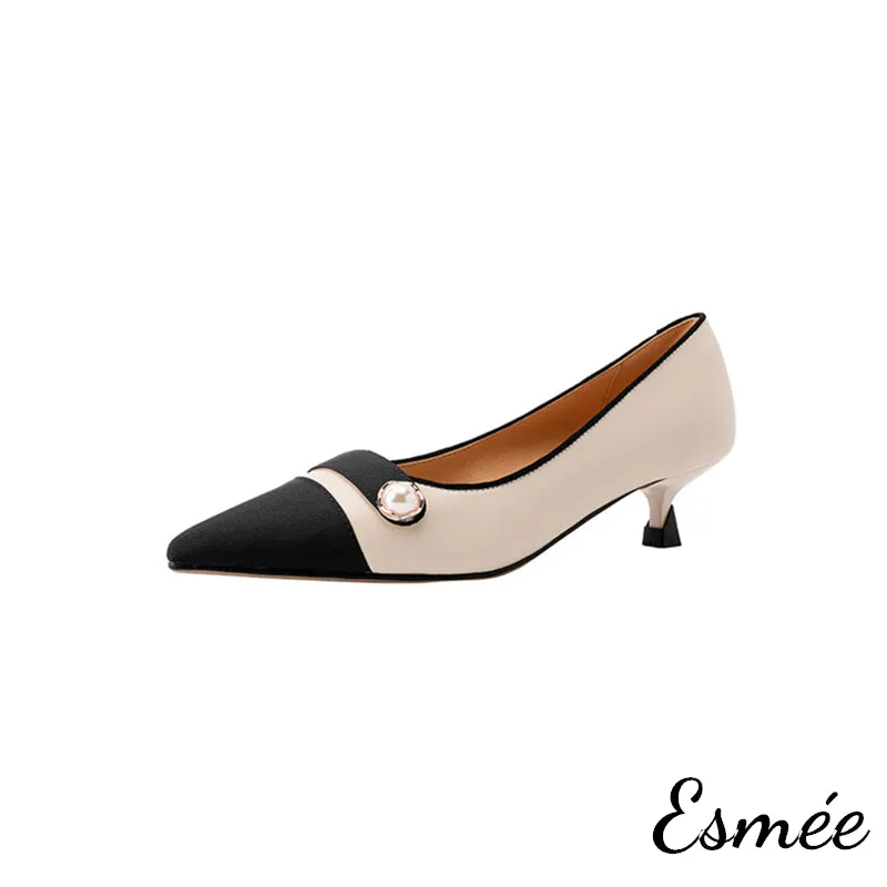 Leather High Heels with Pearl Design and Black Toe Cap