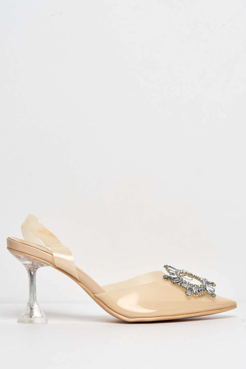 Leyra Diamante Brooch Slingback Perspex Court Shoes in Nude