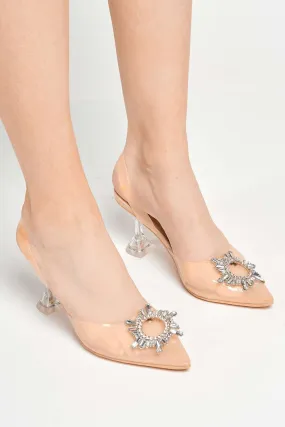 Leyra Diamante Brooch Slingback Perspex Court Shoes in Nude