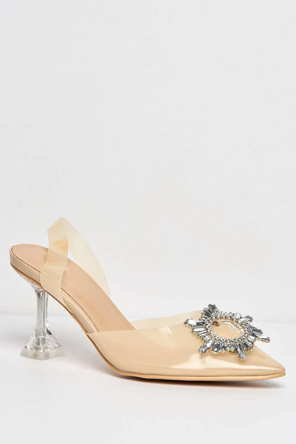 Leyra Diamante Brooch Slingback Perspex Court Shoes in Nude