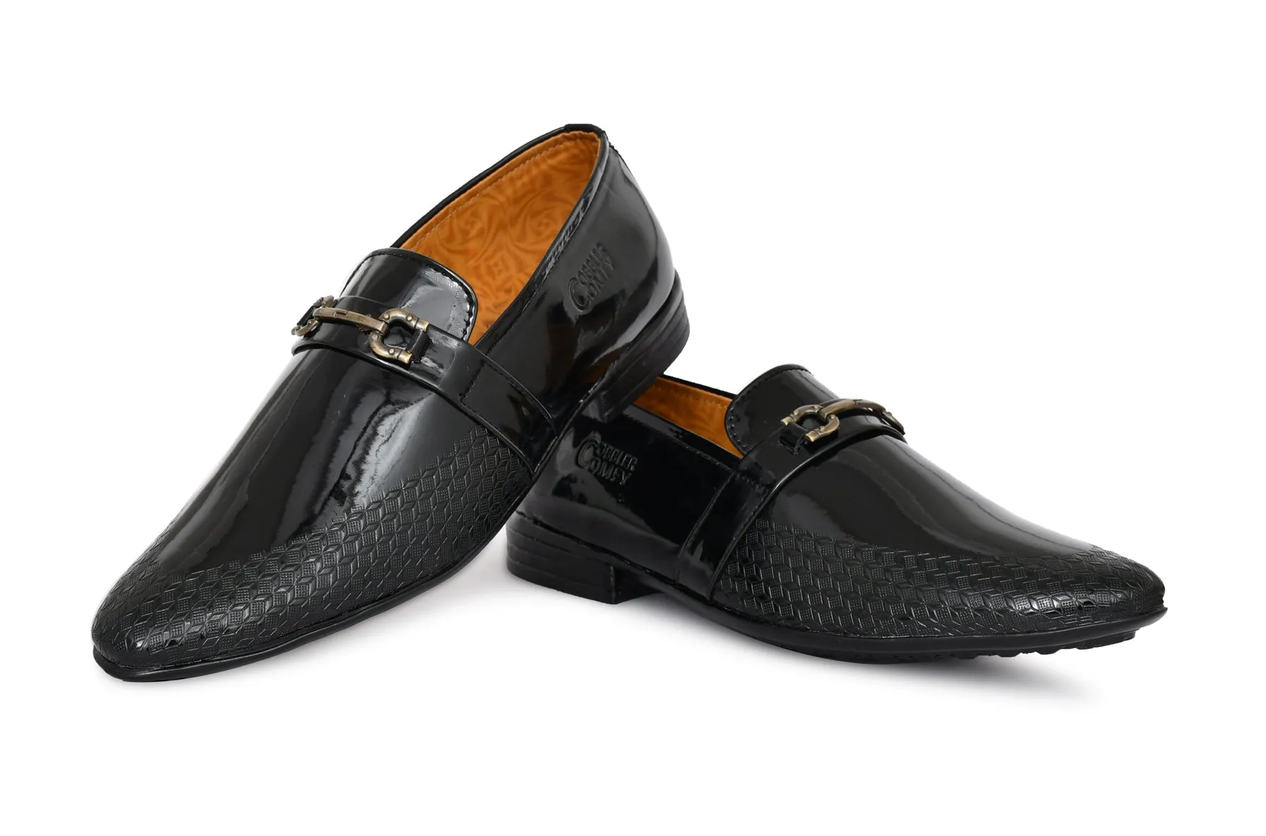 Pointed-toe Shiny Slip-ons for Men with Embossed Pattern | Black