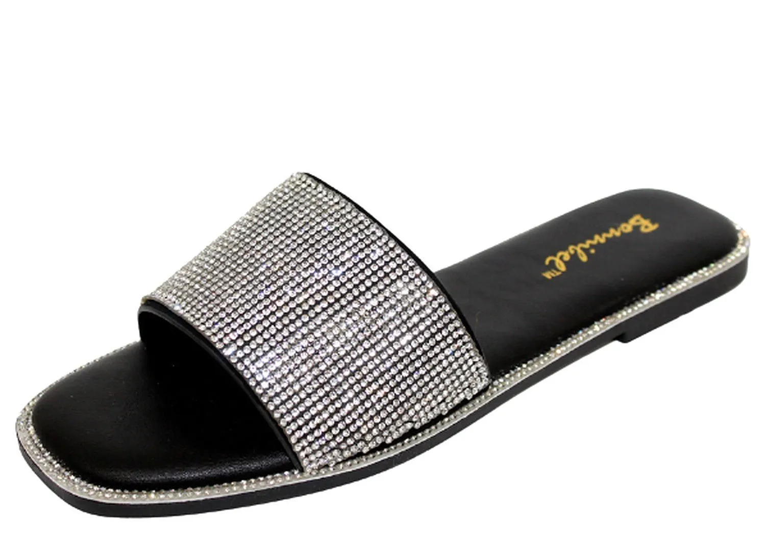 Rhinestone Flats Slides Sandals Shoes Black Amita-3