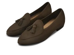 Sagan Classic Tassel Loafers in Olivine Green Asteria Suede with Leather Sole